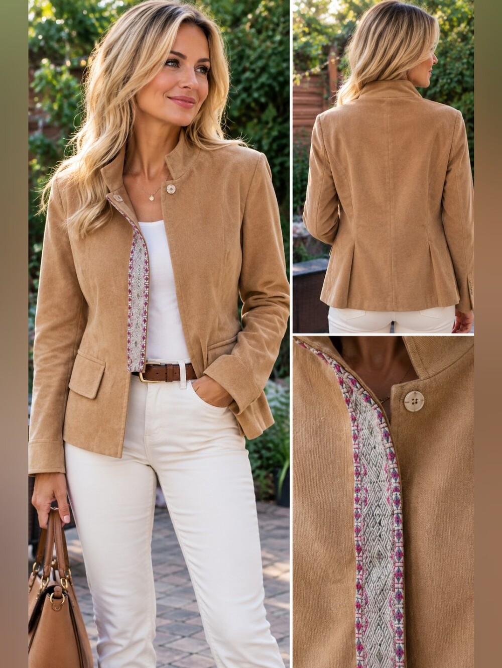 Tailored Tan Women's Jacket with Decorative TrimFCE Camel Corduroy Velvet